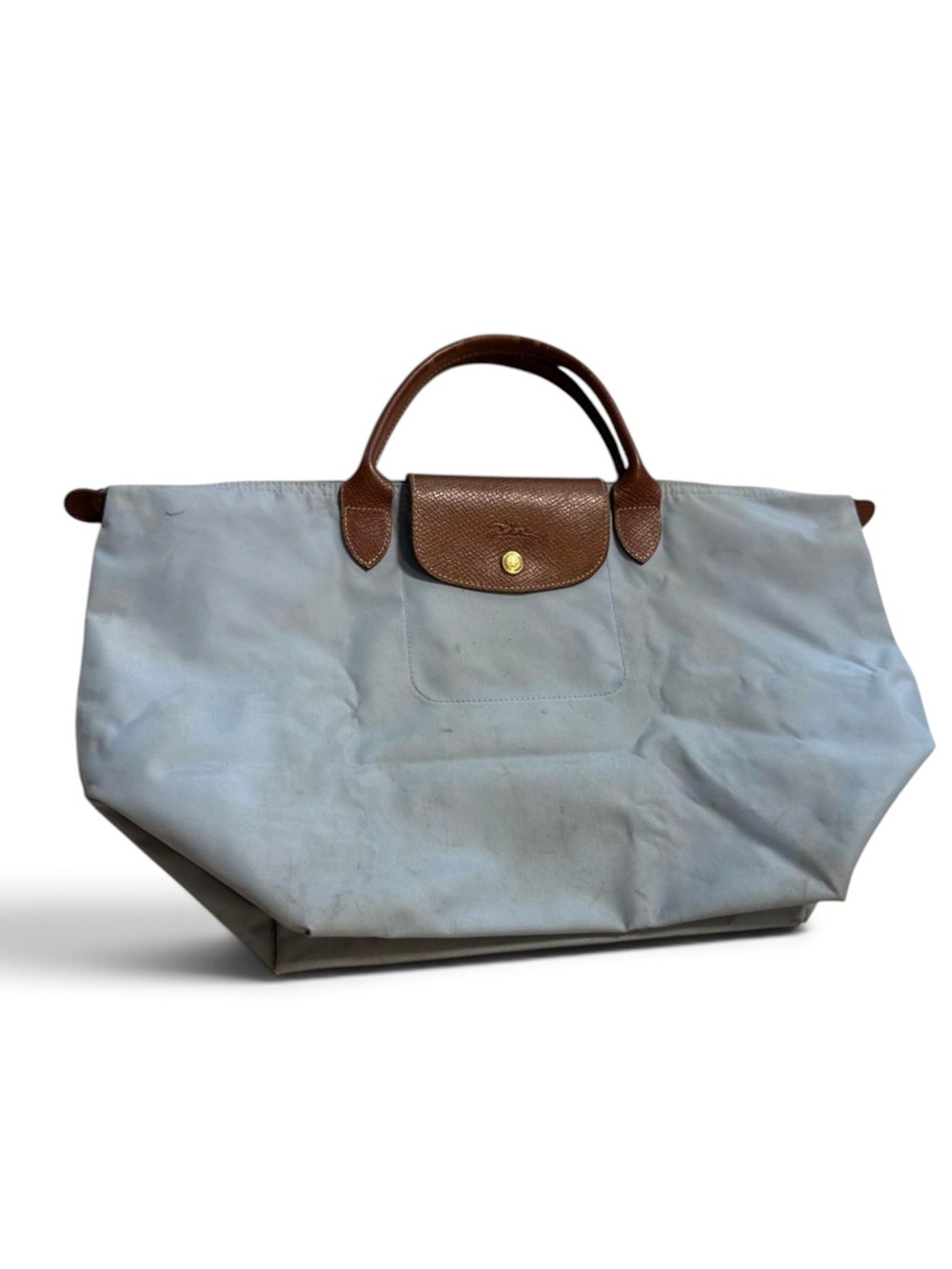 💙 Longchamp Le Pliage Light Blue Tote with Brown Handles